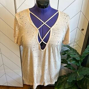 Olivaceous Womens Large Holes Distressed Plunging Short Sleeve Top Shirt Grunge